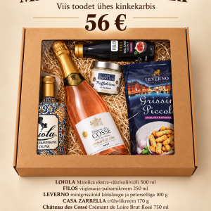 Maitsete kinkekarp oliiviõli, viigimarja-palsamikreemi, minigrissiinide, trühvlikreemi ja roosa crémant'iga, hind 56 eurot