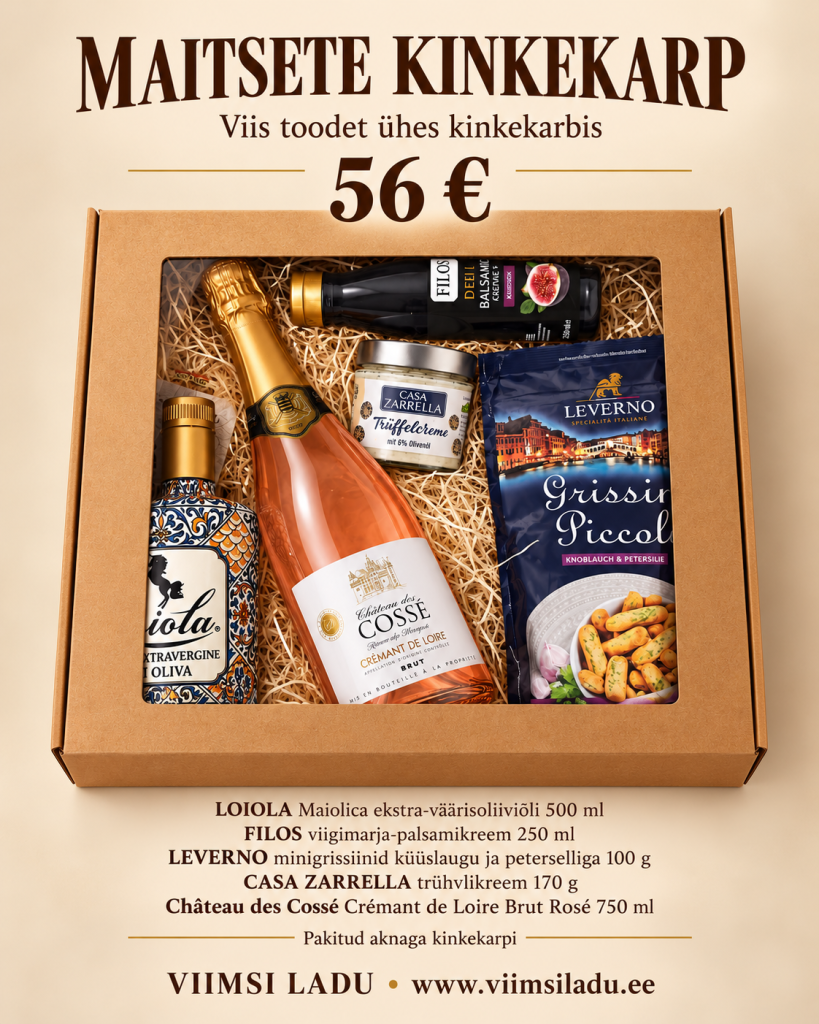 Maitsete kinkekarp oliiviõli, viigimarja-palsamikreemi, minigrissiinide, trühvlikreemi ja roosa crémant'iga, hind 56 eurot