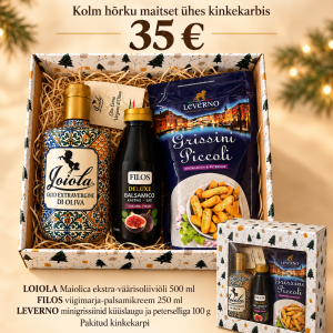 35-eurone kinkekarp LOIOLA oliiviõli, FILOS viigimarja-palsamikreemi ja LEVERNO minigrissiinidega, avatud ja kaanega vaade