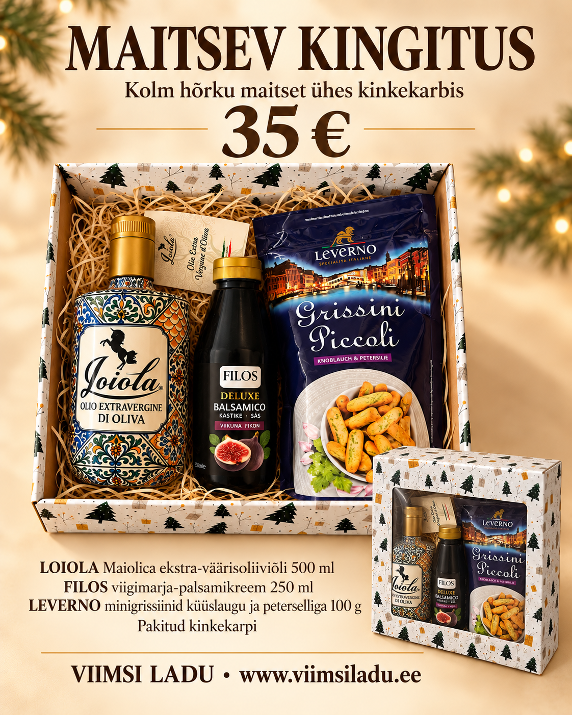35-eurone kinkekarp LOIOLA oliiviõli, FILOS viigimarja-palsamikreemi ja LEVERNO minigrissiinidega, avatud ja kaanega vaade
